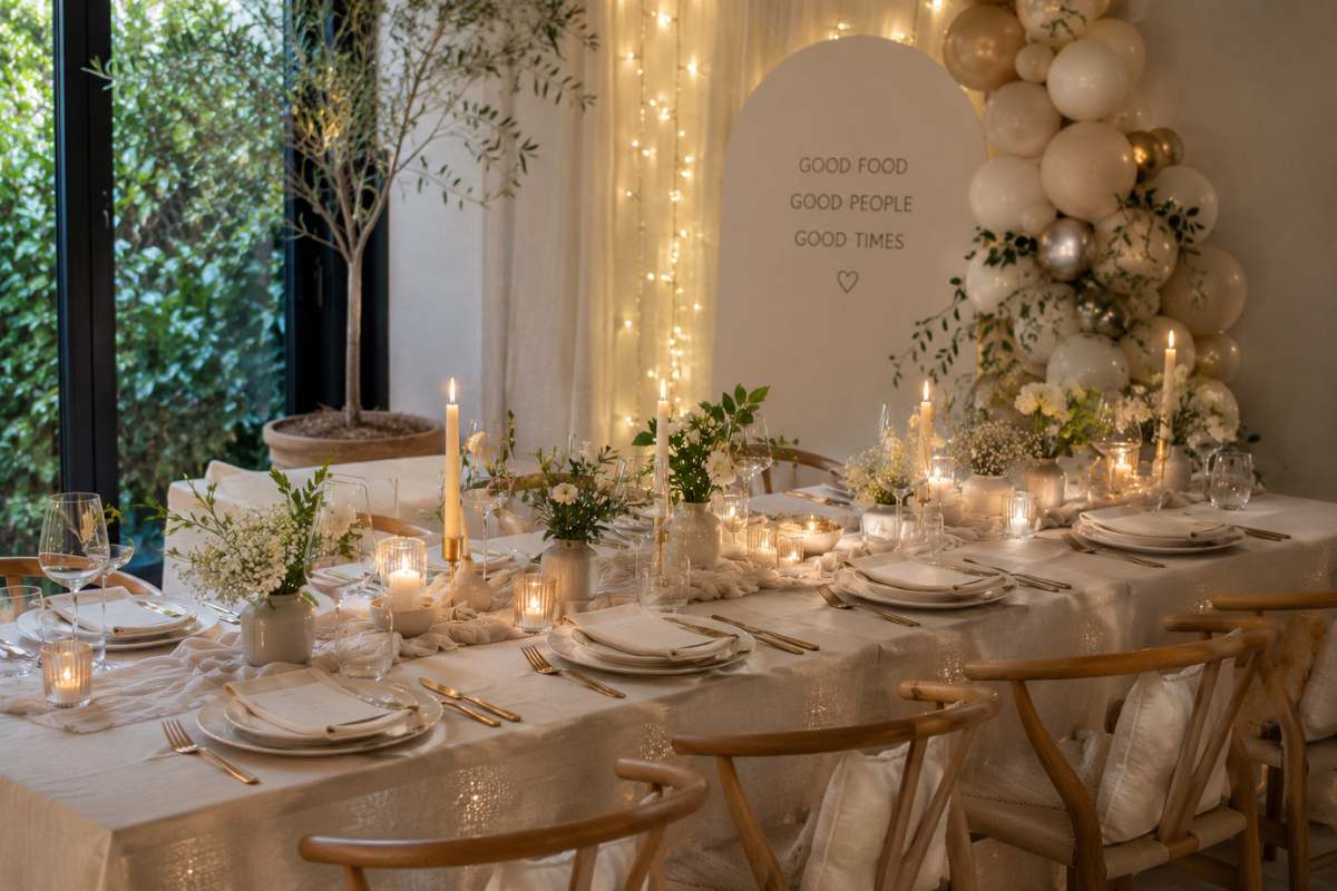 Elegant quiet luxury party setup featuring a beautifully styled dining table with neutral linens, candlelight, delicate floral arrangements, gold flatware, and soft ambient lighting for an intimate and sophisticated celebration.