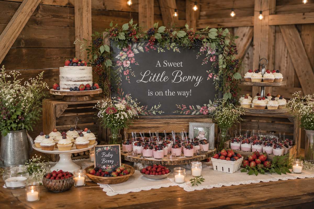 Rustic berry celebration style for a baby shower featuring natural wood decor, fresh berries, floral accents, candles, linen textures, and a charming barn-inspired dessert display.