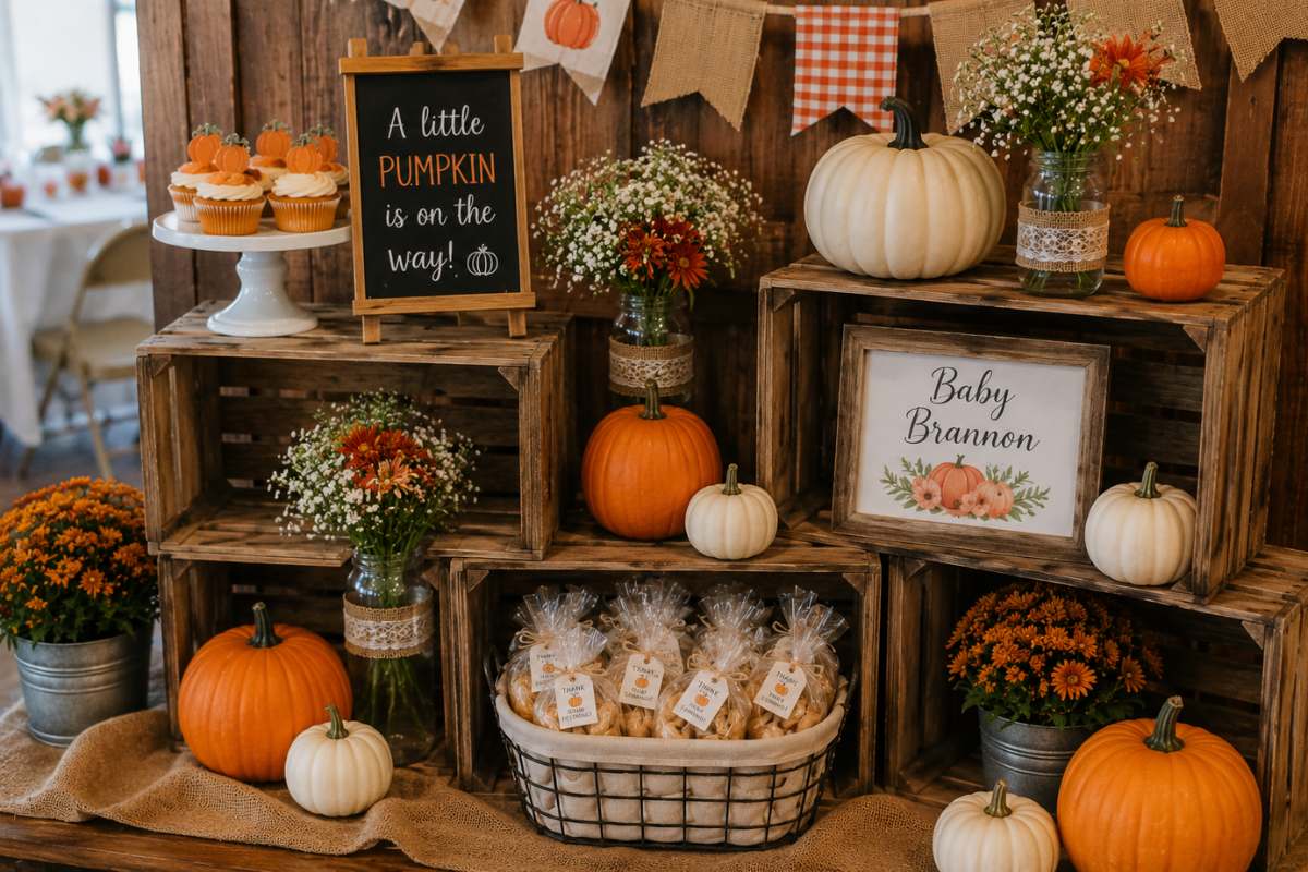 Rustic wooden crate display decorated with pumpkins, floral arrangements, cupcakes, party favors, and farmhouse-inspired fall accents for a pumpkin patch baby shower celebration.