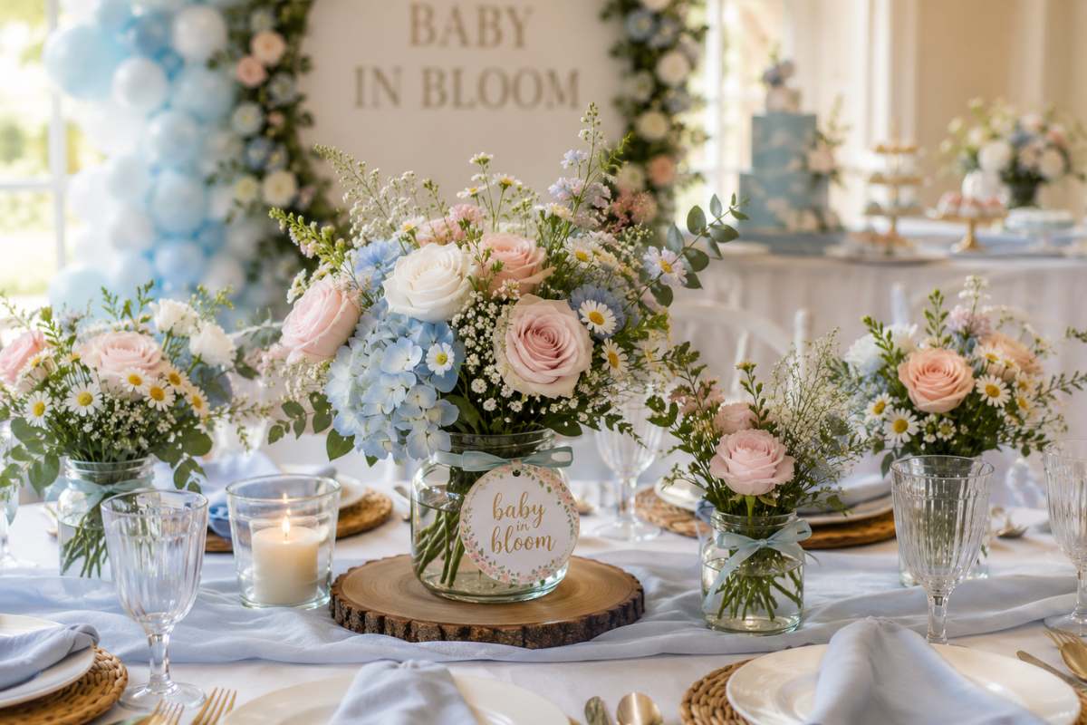Soft floral Baby in Bloom baby shower table decor featuring fresh roses, daisies, hydrangeas, and greenery arranged in clear glass jars. The elegant tablescape includes candles, neutral place settings, and delicate garden-inspired floral centerpieces that create a bright and welcoming celebration atmosphere.