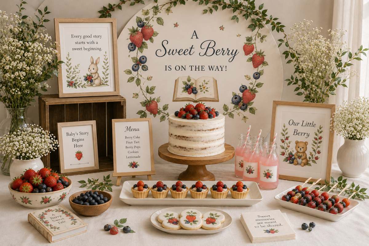 Storybook-inspired berry theme for a baby shower featuring watercolor berry artwork, woodland decor, berry desserts, soft floral accents, and a cozy nursery-style celebration setup.