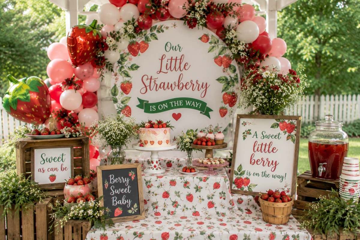 Adorable strawberry patch baby shower theme with strawberry decorations, balloon arch, rustic wooden accents, fresh berries, floral centerpieces, and sweet dessert table ideas.