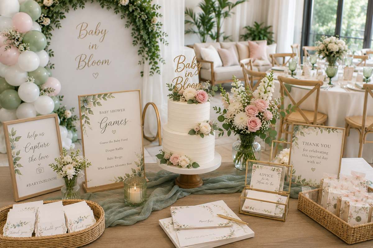 Elegant Baby in Bloom baby shower setup featuring a floral cake, welcome sign, baby shower games station, advice cards for the mom-to-be, party favors, blush pink and sage green balloon garland, and fresh flower arrangements. This beautifully organized celebration showcases stress-free baby shower hosting ideas with thoughtfully planned activity and dessert areas.