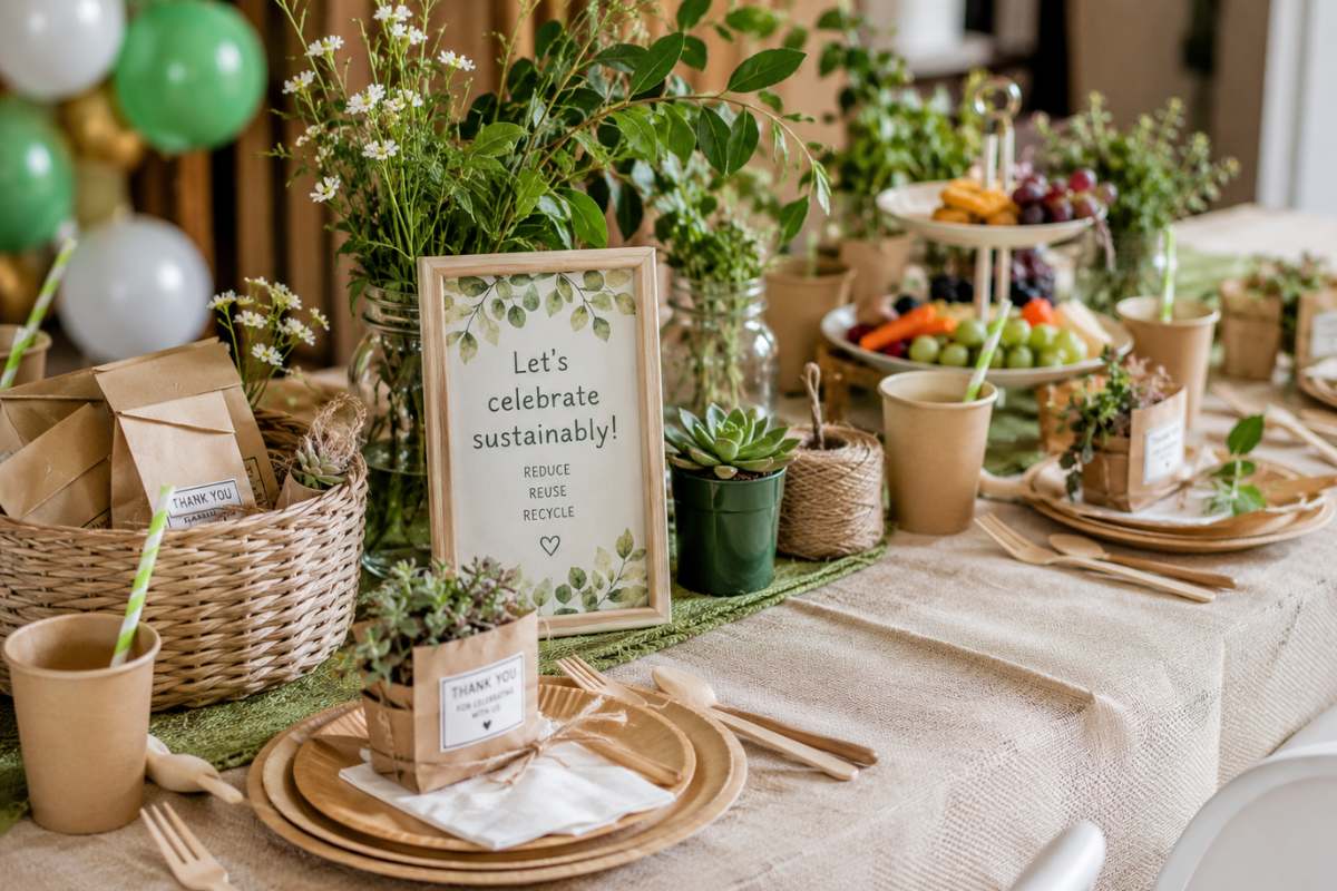 Eco-friendly party setup featuring reusable tableware, kraft paper favor bags, potted plants, natural greenery, wooden utensils, compostable cups, and sustainable décor arranged on a rustic table for an environmentally conscious celebration.