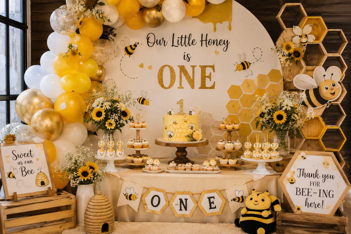 Sweet Honey Bee first birthday party setup featuring a yellow, white, and gold balloon garland, honeycomb backdrop, bee-themed dessert table, honey-inspired cake and cupcakes, sunflower floral arrangements, beehive decorations, wooden accents, and “Our Little Honey Is One” signage in a warm and cheerful celebration theme.