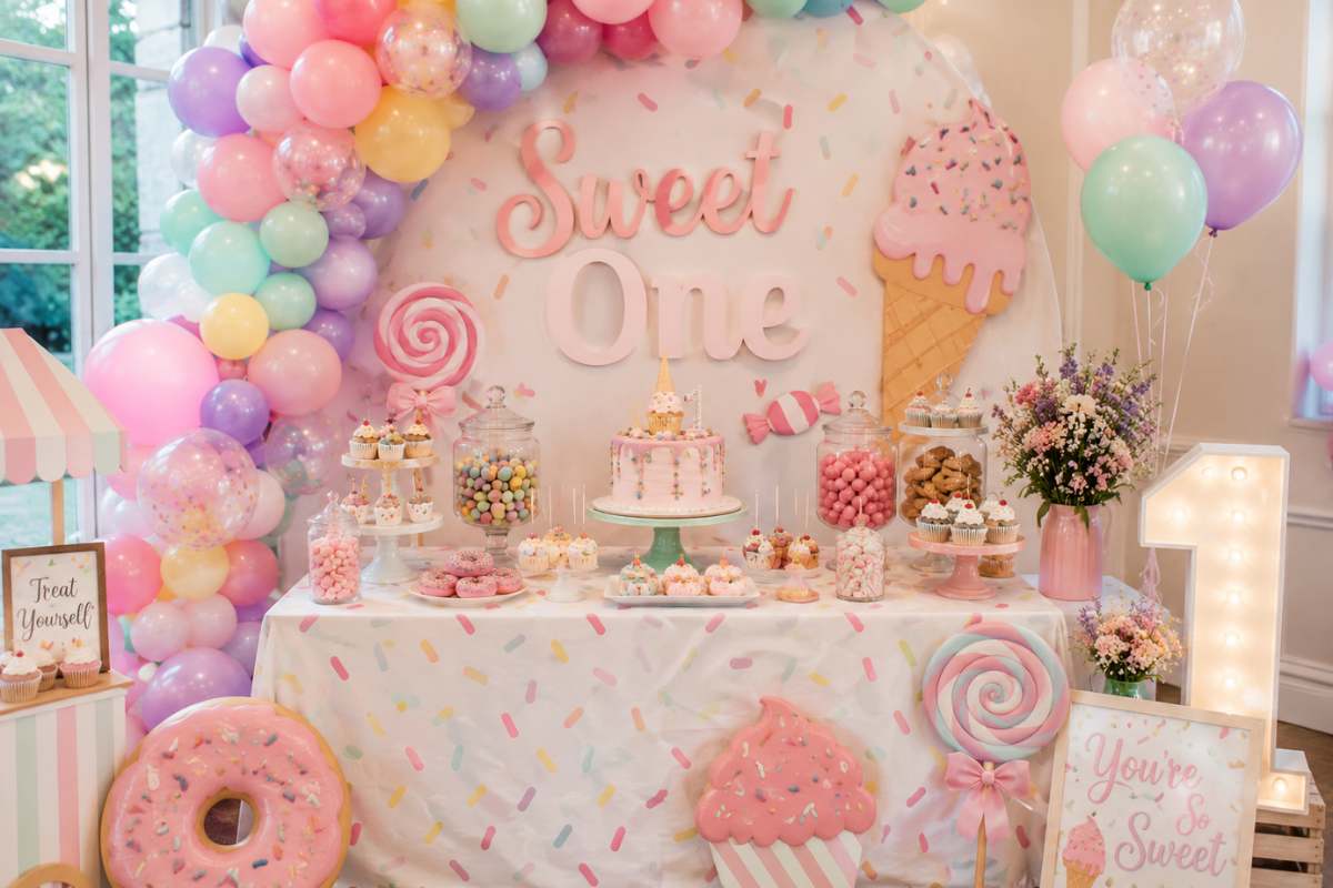 Sweet One first birthday party setup featuring a pastel dessert-themed backdrop, colorful balloon garland, candy jars, cupcakes, cookies, doughnut decorations, oversized lollipop props, ice cream cone accents, marquee number one sign, and a cheerful dessert table filled with sweet treats in soft pink, lavender, mint, and yellow tones.