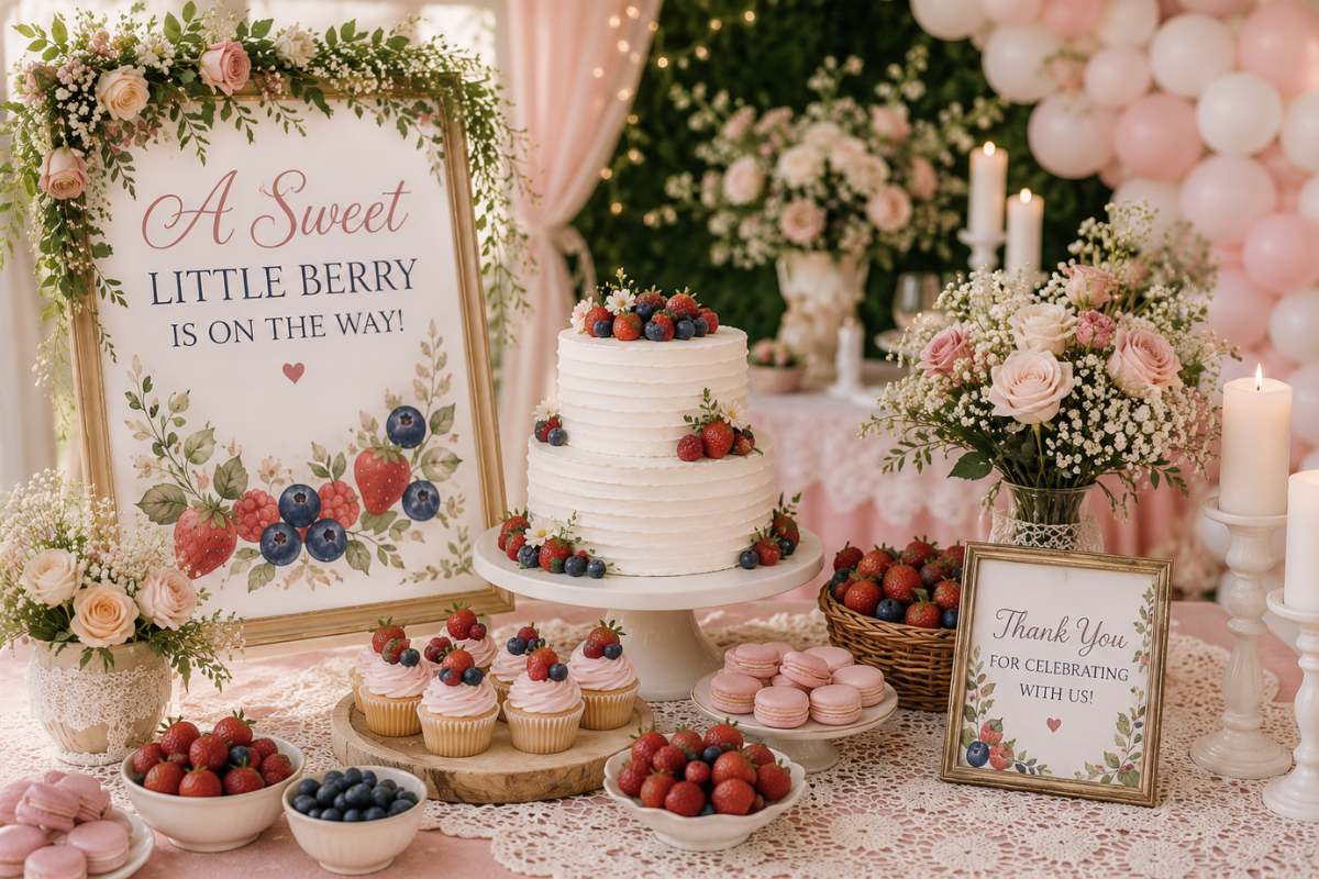 Sweet and romantic berry-themed baby shower featuring blush pink decor, lace table linens, fresh strawberries and blueberries, elegant floral arrangements, berry-topped cake, candles, and a charming dessert table setup.