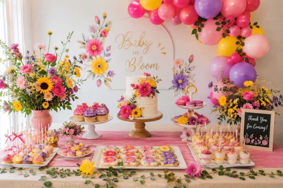 Vibrant Baby in Bloom baby shower display with colorful floral arrangements, a bright pink and purple balloon arch, floral-themed desserts, cupcakes, cake pops, and a flower-adorned cake. The energetic mix of pink, yellow, and purple blooms creates a fun, cheerful celebration with a fresh spring-inspired look.