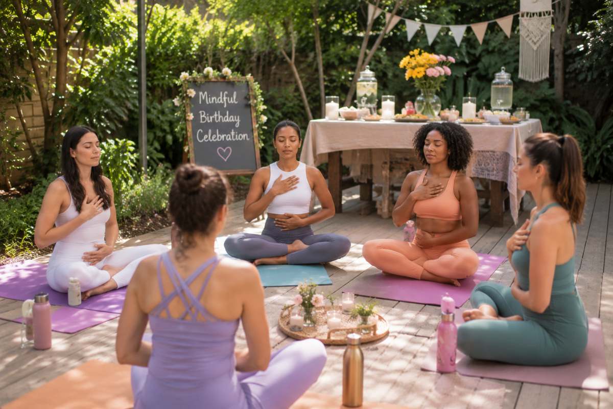 Wellness-focused birthday celebration featuring a peaceful outdoor yoga session in a garden setting with yoga mats, healthy refreshments, floral décor, and mindfulness activities designed to promote relaxation, connection, and wellbeing.