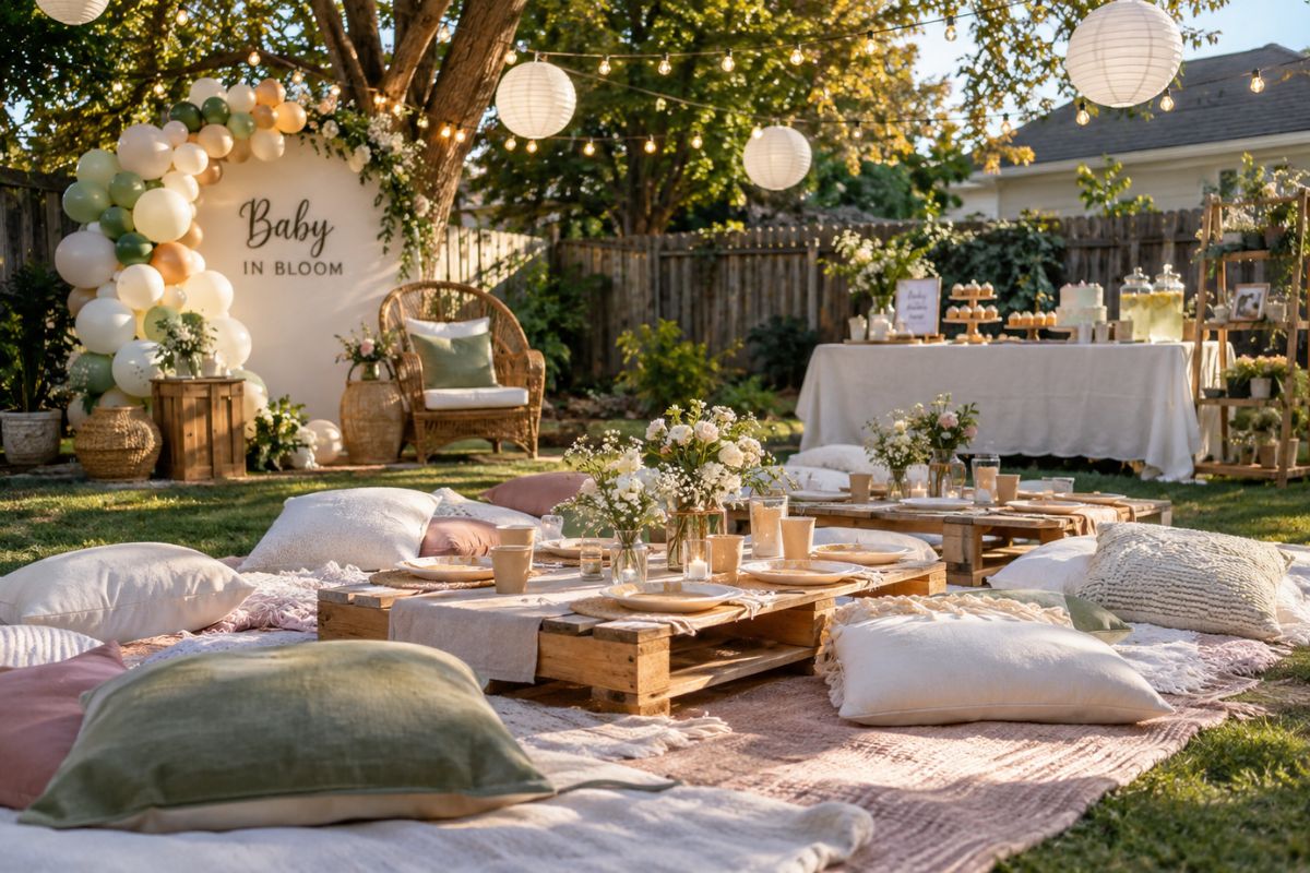 Adorable backyard picnic baby shower setup with low pallet tables, cozy cushions, blankets, fresh flowers, string lights, paper lanterns, and budget-friendly outdoor table settings.