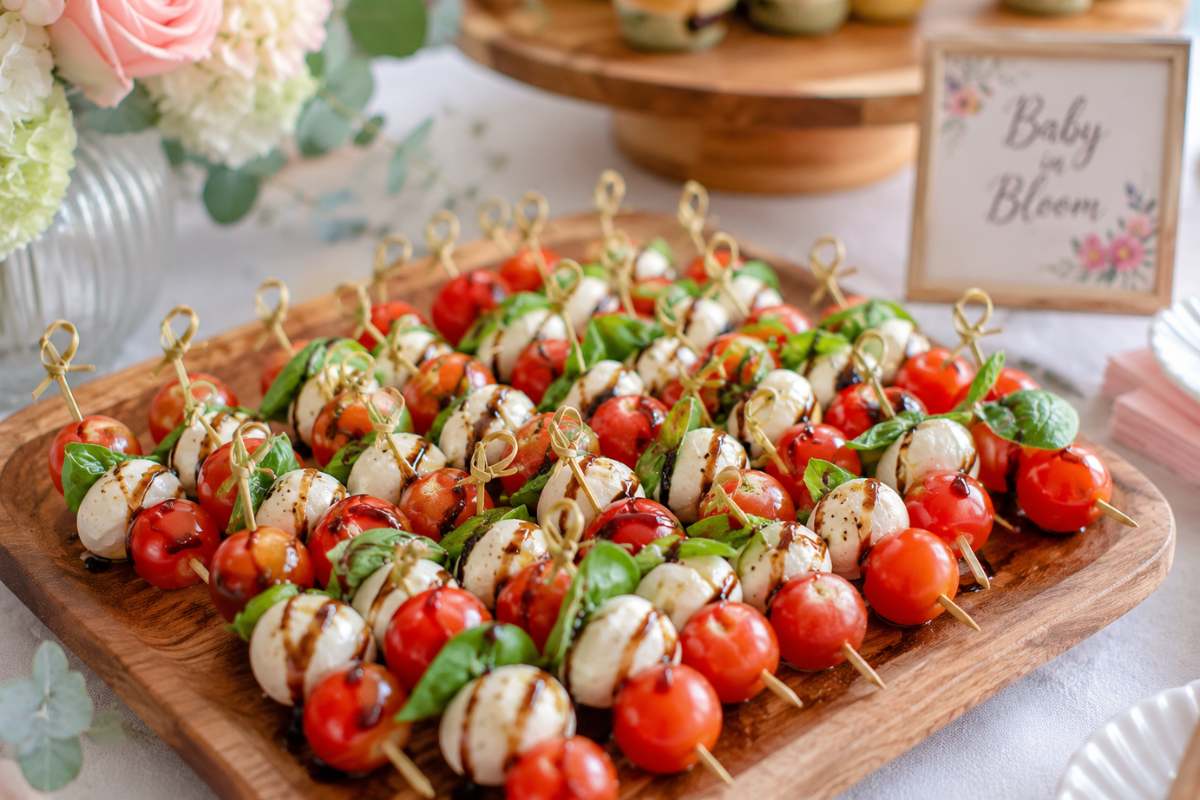 Fresh Caprese skewers with cherry tomatoes, mozzarella, basil, and balsamic glaze served on a rustic wooden board for an elegant baby shower appetizer.