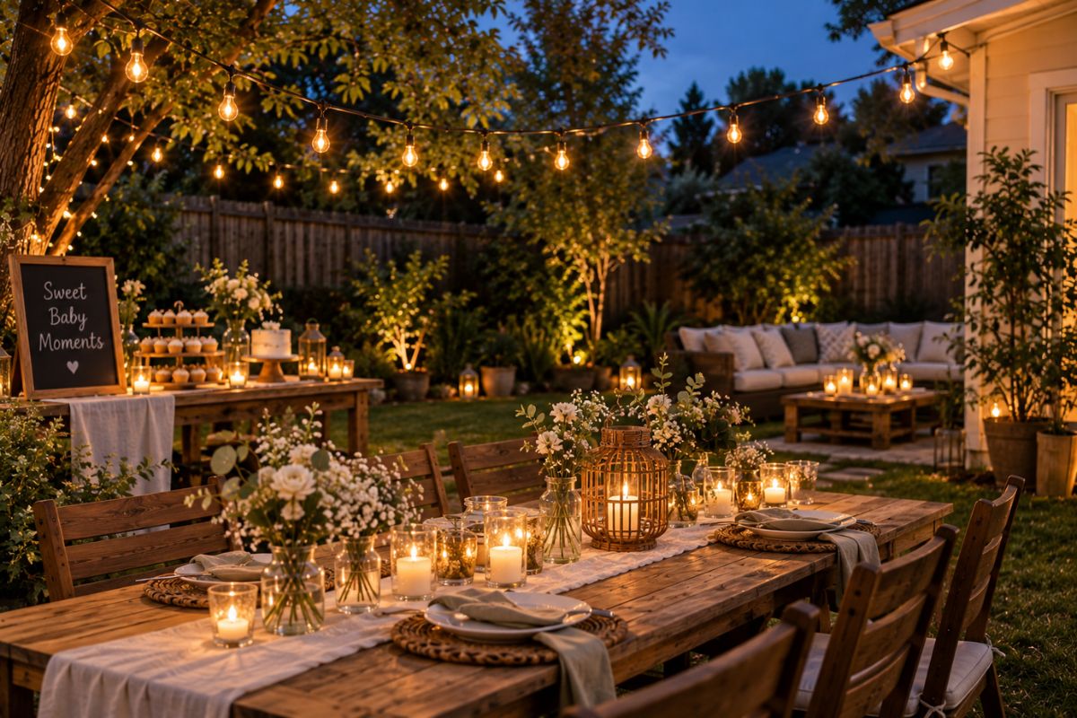 Magical evening backyard baby shower with warm string lights, glowing candles, lanterns, rustic wooden tables, floral centerpieces, and cozy outdoor seating.