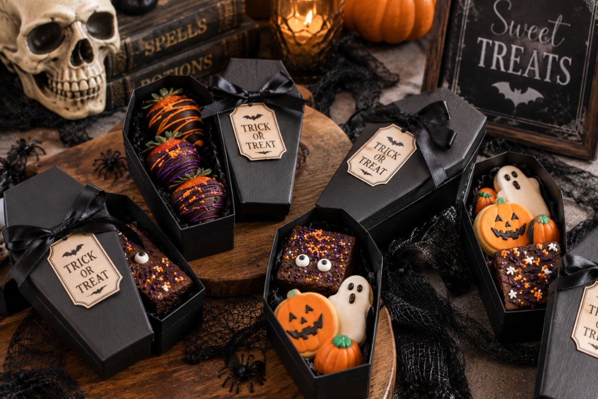Halloween coffin dessert boxes filled with decorated brownies, chocolate-covered strawberries, ghost cookies, and pumpkin treats for a spooky party favor display.