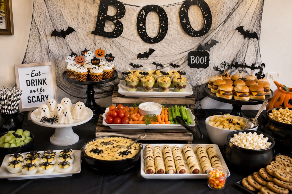 Boo-themed Halloween party buffet with cupcakes, sliders, mummy hot dogs, ghost treats, vegetables, dips, popcorn, and spooky appetizers arranged on tiered serving trays.