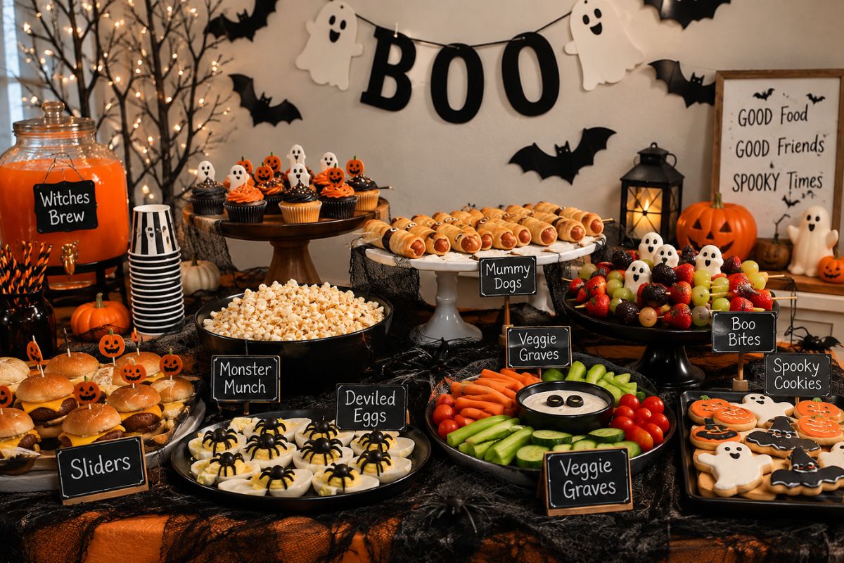 Cozy Boo-themed Halloween party buffet with tiered serving trays, mummy hot dogs, cupcakes, sliders, fruit, popcorn, deviled eggs, vegetables, and decorated cookies arranged on a festive food table.