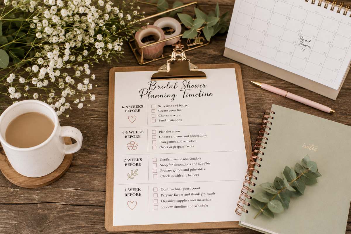 Bridal shower planning timeline checklist with organizer, calendar, notebook, and planning essentials.