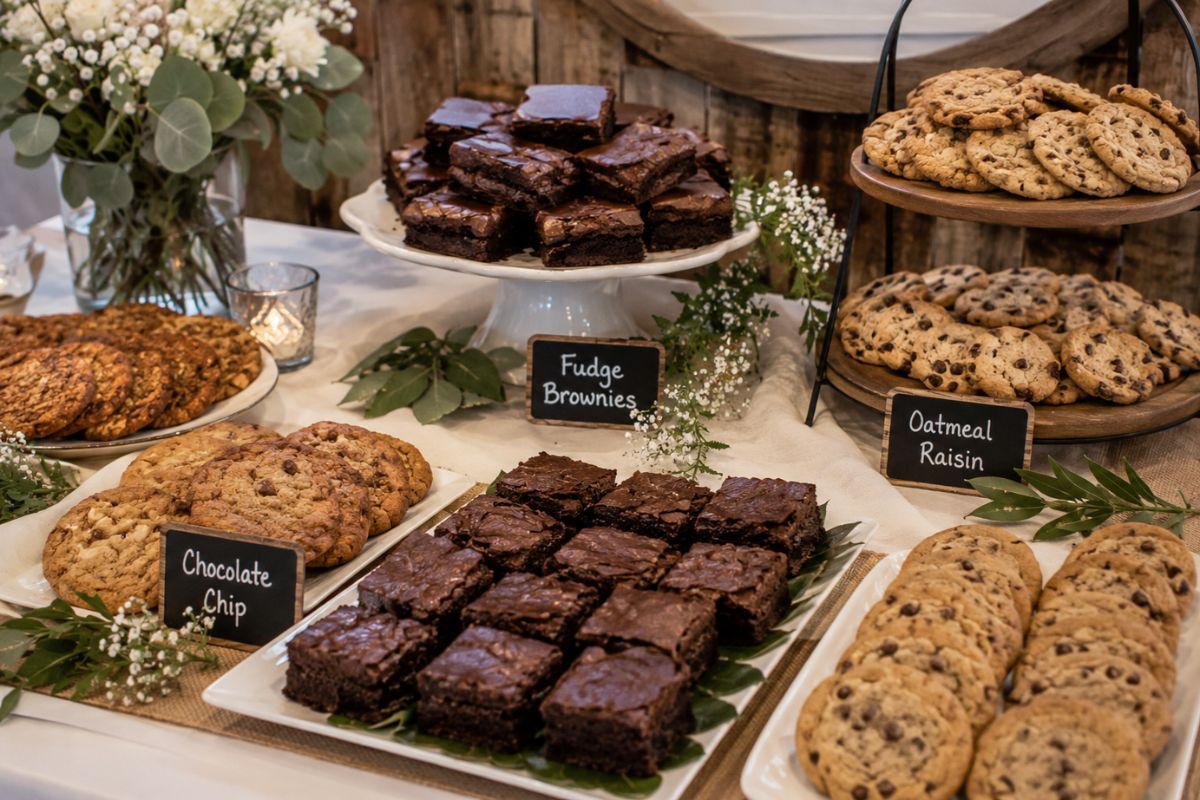 Brownie and cookie dessert table featuring homemade fudge brownies, chocolate chip cookies, and assorted baked treats arranged on decorative platters and tiered stands for an elegant, budget-friendly wedding reception dessert display.