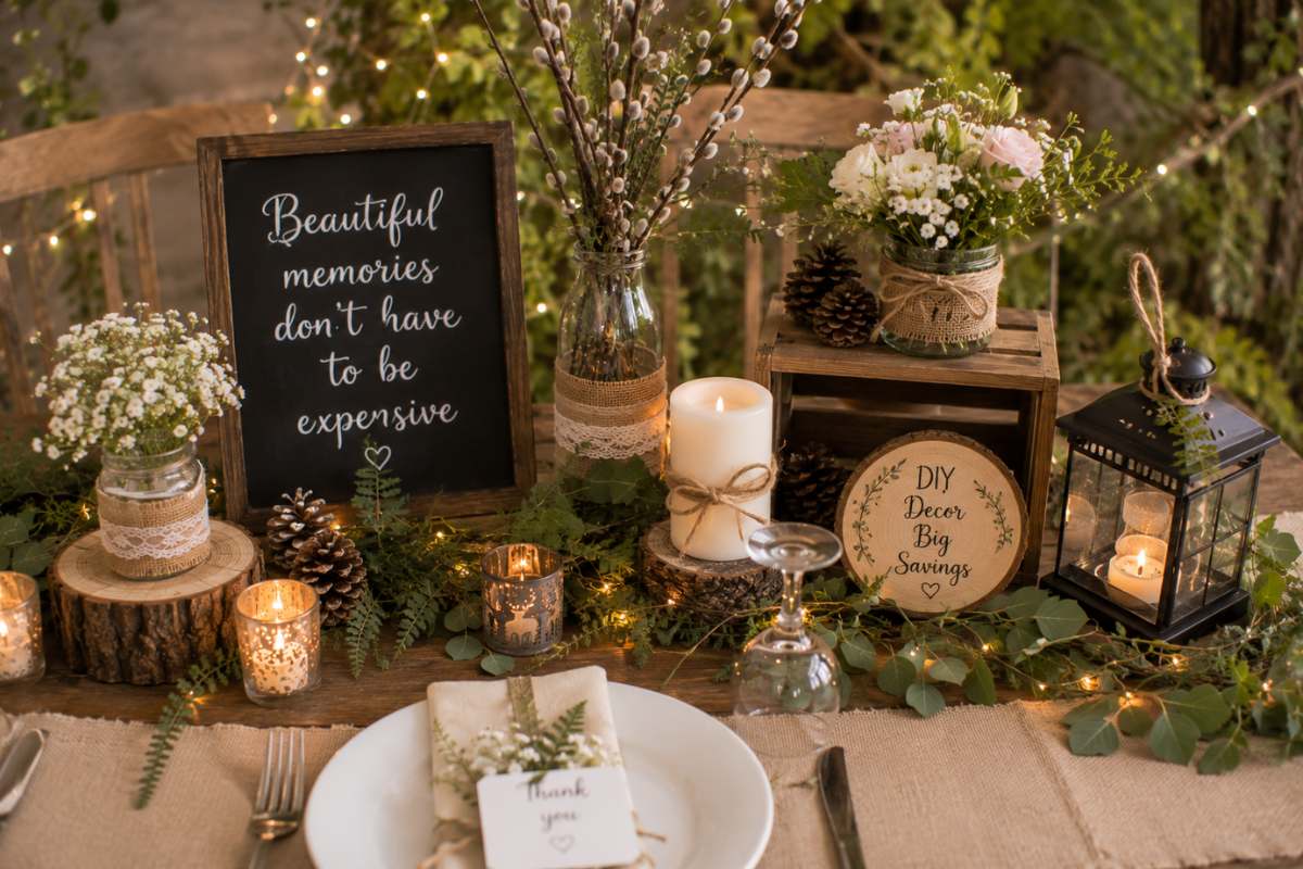 Affordable enchanted forest bridal shower table decorations using candles, lanterns, greenery, and rustic wooden accents.