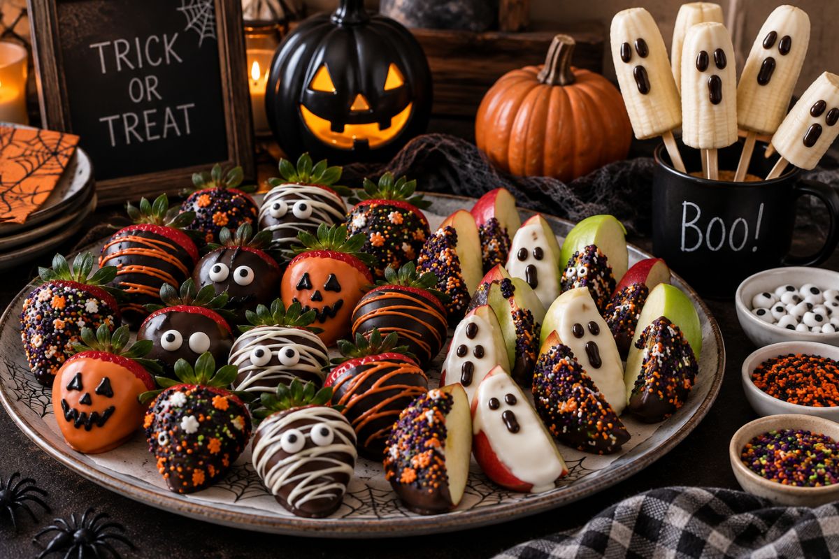 Halloween chocolate-dipped fruit treats featuring decorated strawberries, apple slices, and banana ghosts with candy eyes, colorful sprinkles, and spooky designs arranged on a festive dessert platter.