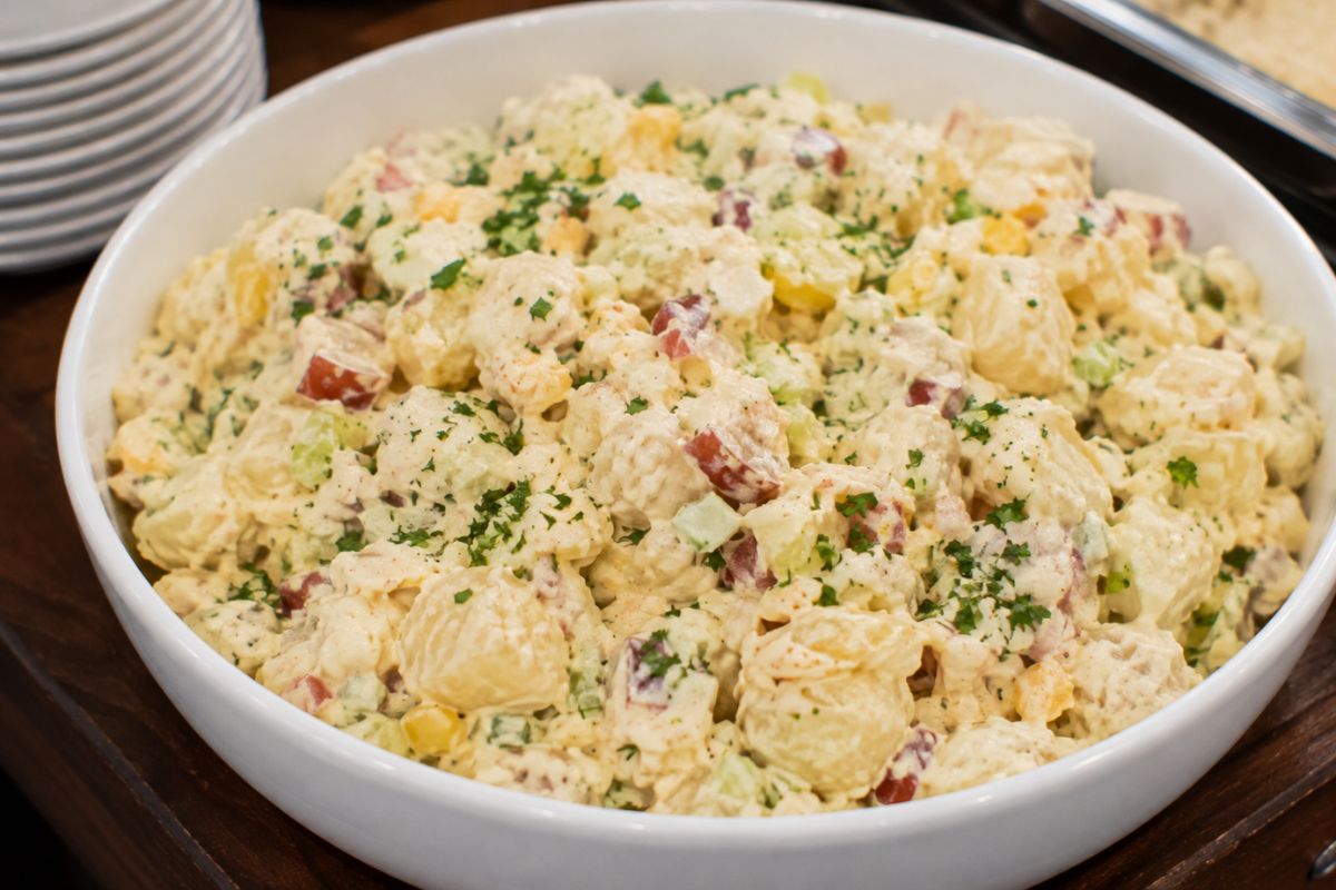 Creamy homemade potato salad with tender potatoes, fresh herbs, crunchy vegetables, and a rich dressing served in a white bowl as a budget-friendly side dish for a wedding reception buffet.