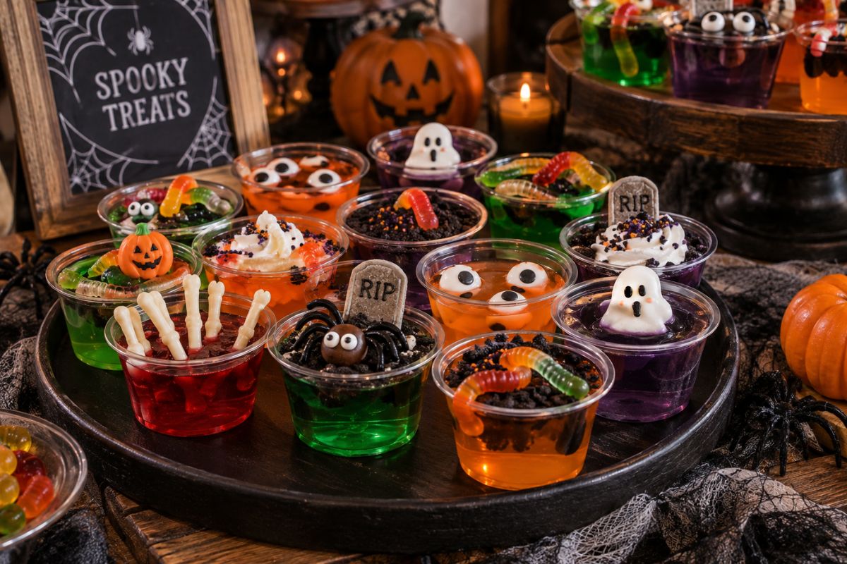 Colorful Halloween Jello cups in orange, green, and purple, decorated with gummy worms, candy eyes, cookie crumbs, ghosts, pumpkins, and spooky toppings.