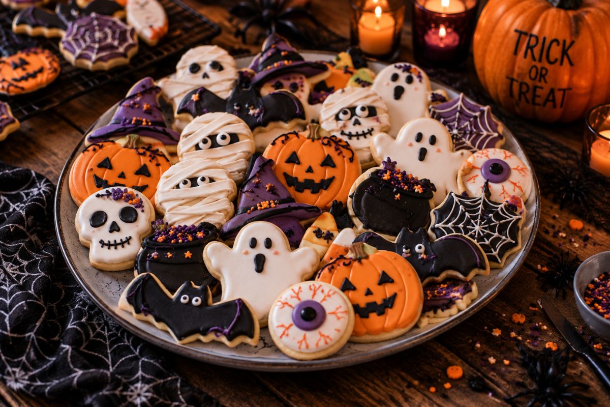 Assorted decorated Halloween sugar cookies shaped like pumpkins, ghosts, bats, mummies, skulls, witch hats, spiderwebs, and eyeballs in purple, orange, white, and black icing.