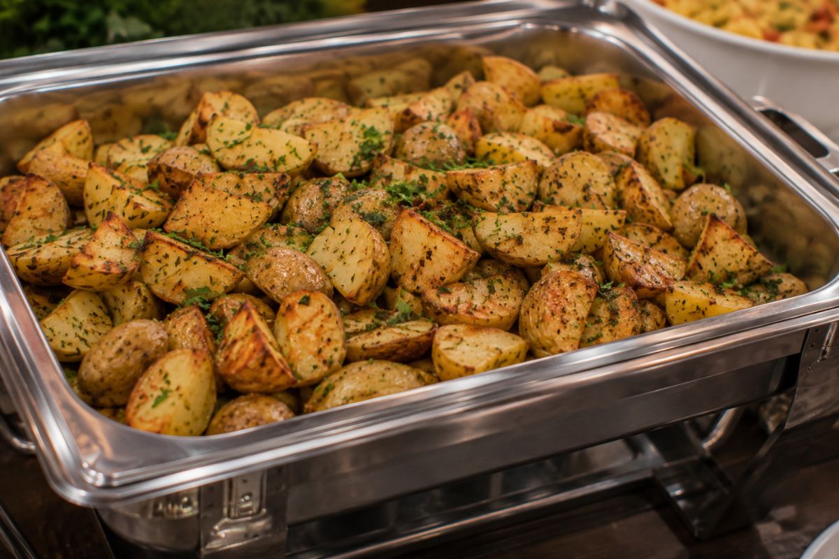 Crispy herb-roasted potatoes seasoned with garlic, parsley, and herbs, served in a buffet chafing dish as a flavorful and budget-friendly side dish for a wedding reception.