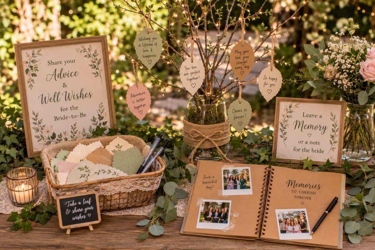 Romantic enchanted forest bridal shower welcome display with floral arch, lanterns, draped fabric, and woodland-inspired décor.