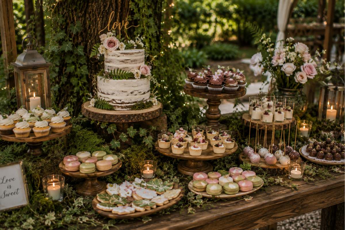 Elegant enchanted forest bridal shower dessert table with naked cake, cupcakes, macarons, cake pops, and floral decorations.