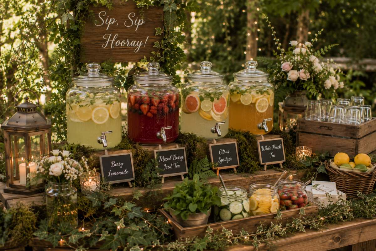 Refreshing enchanted forest bridal shower drink station with fruit-infused beverages, lemonade, iced tea, and rustic décor.