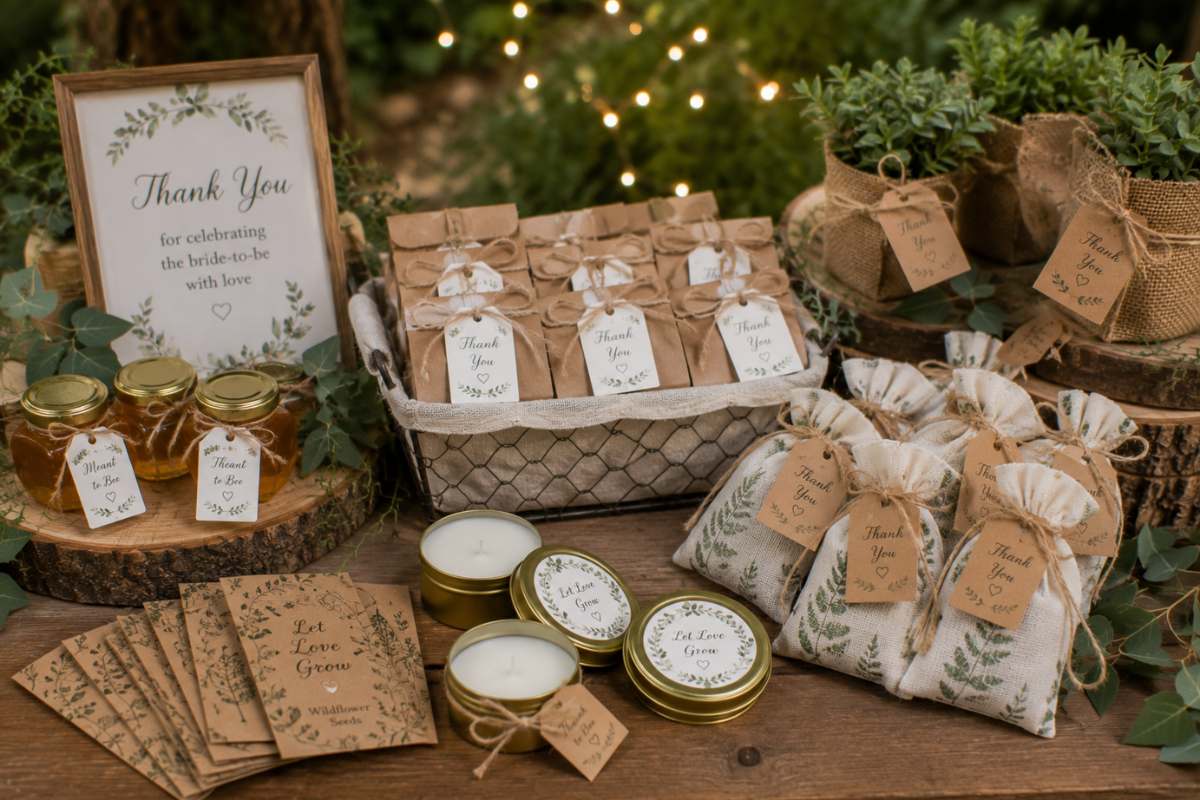 DIY enchanted forest bridal shower favors including candles, seed packets, honey jars, and rustic gift bags.
