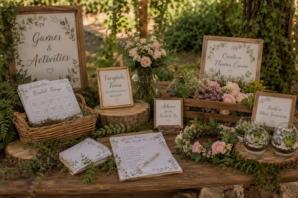 Enchanted forest bridal shower games and activity station featuring bridal bingo, trivia cards, flower crown activity, and mini terrariums.