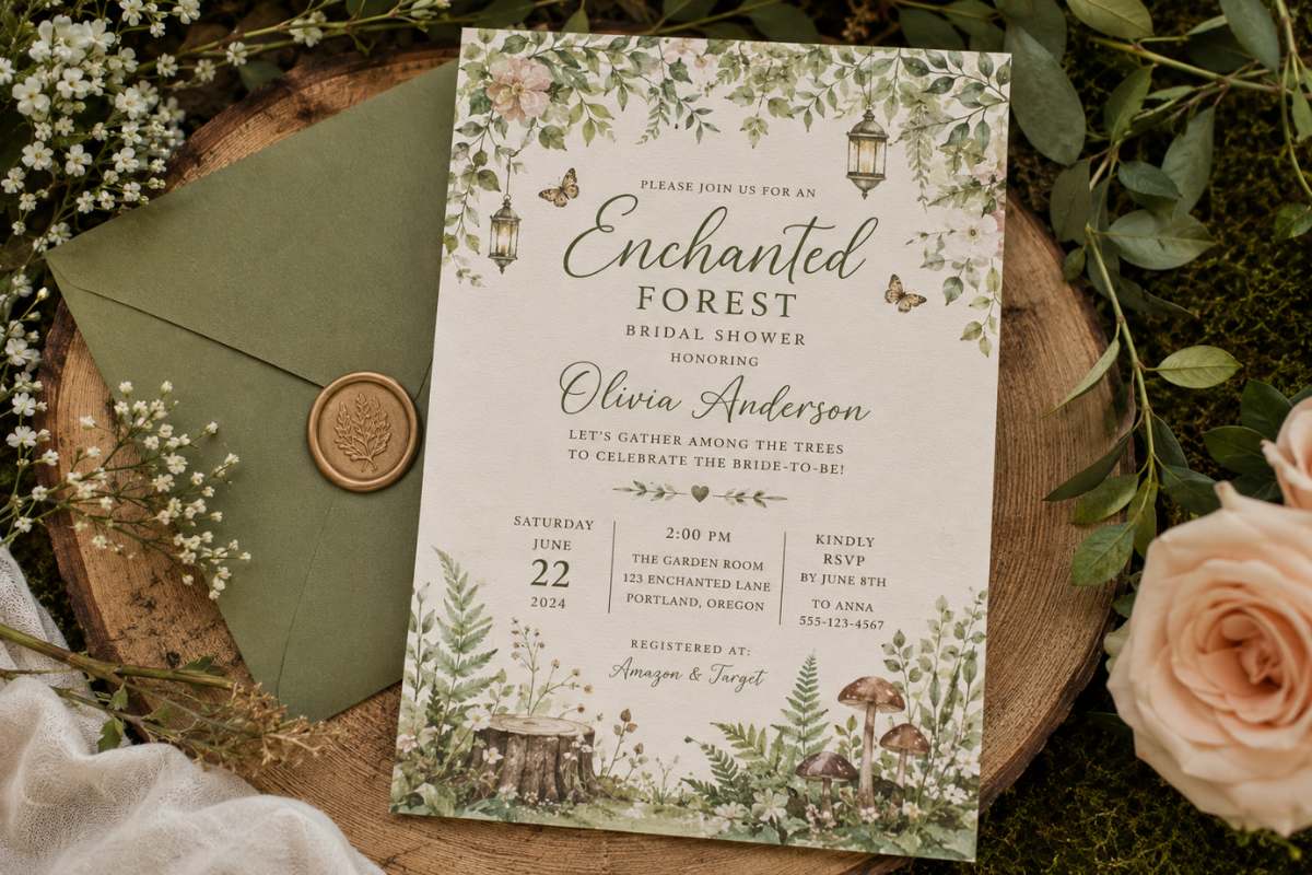 Printable enchanted forest bridal shower invitation template with botanical greenery, mushrooms, butterflies, and sage green envelope.