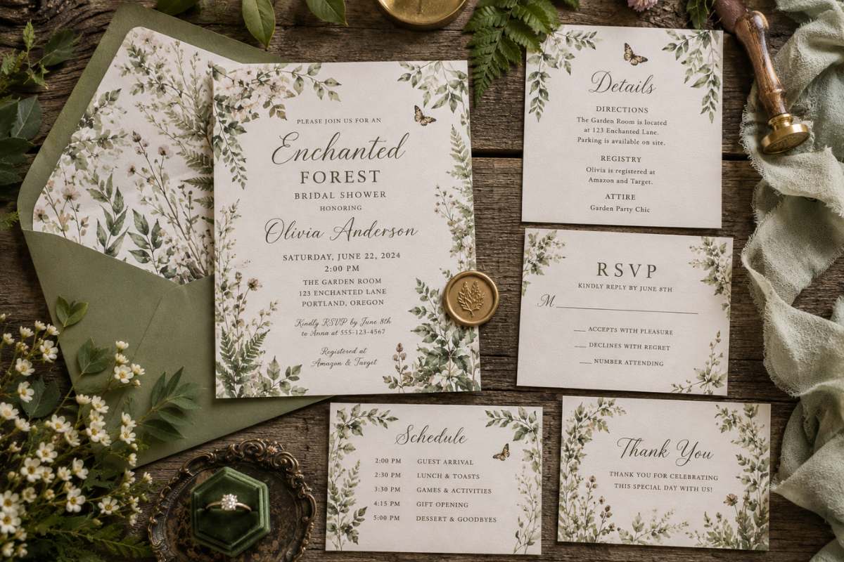 Enchanted forest bridal shower printable bundle including invitation, RSVP card, details card, schedule, and thank you card.