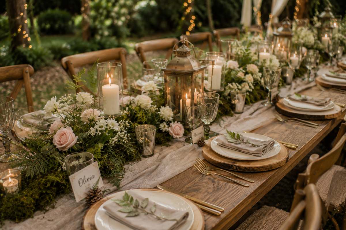Romantic enchanted forest bridal shower tablescape with moss runner, candles, blush flowers, wooden chargers, and elegant place settings.