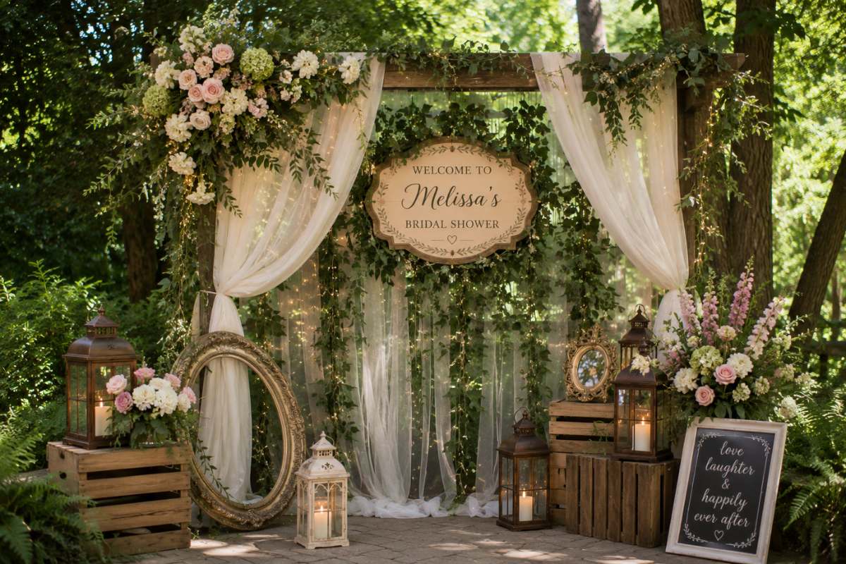 Romantic enchanted forest bridal shower welcome display with floral arch, lanterns, draped fabric, and woodland-inspired décor.