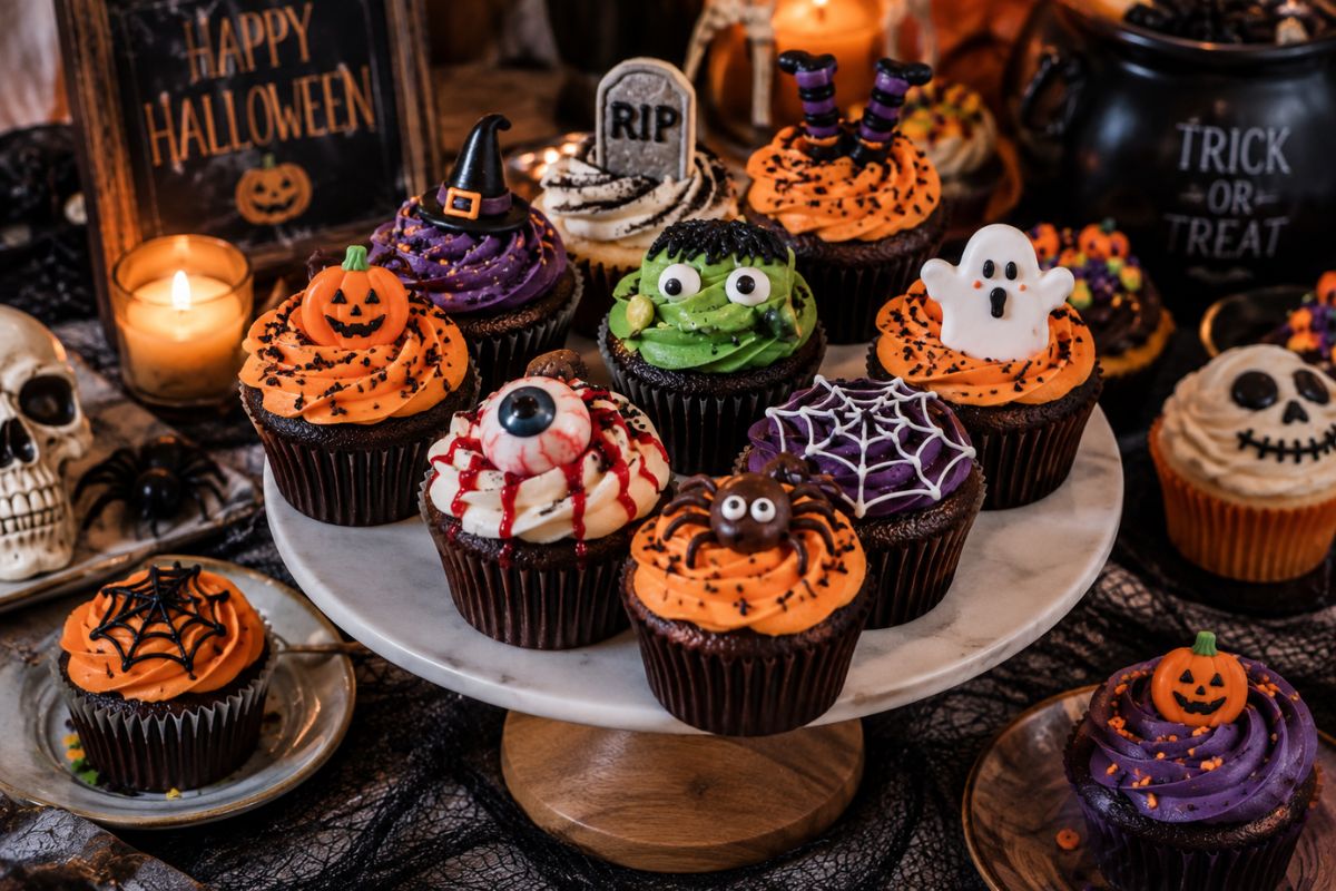 Assorted Halloween cupcakes with orange, purple, green, and black frosting, decorated with pumpkins, ghosts, spiders, witch hats, eyeballs, and spiderweb designs on a tiered dessert stand.