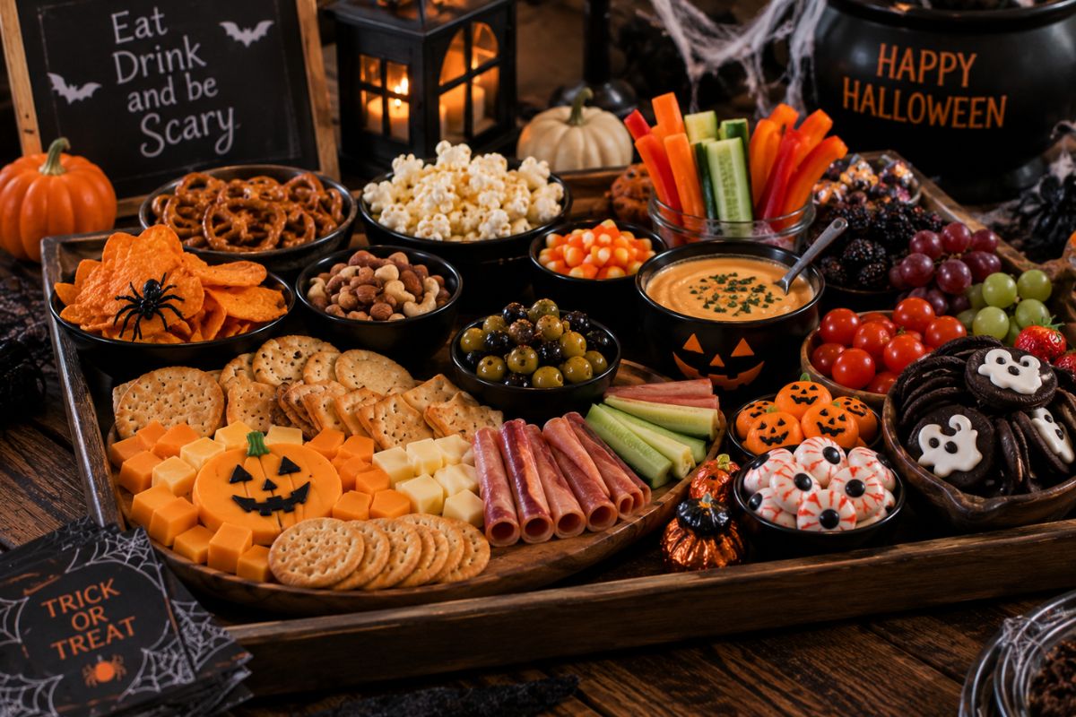 Elegant Gothic Halloween charcuterie board featuring artisan cheeses, cured meats, black grapes, figs, olives, crackers, dark chocolate, and moody candlelit décor.