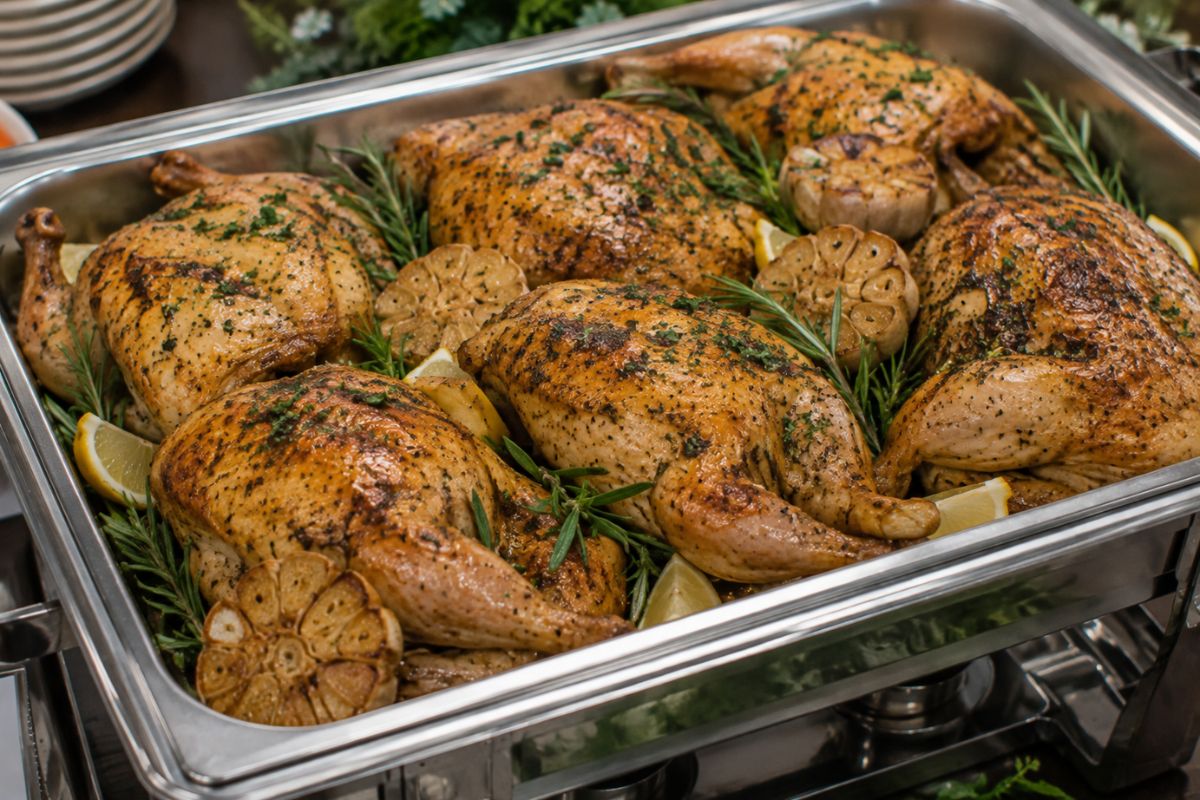 Herb-roasted garlic chicken with rosemary, roasted garlic, and lemon wedges served in a buffet chafing dish, offering an elegant and budget-friendly wedding reception entrée.
