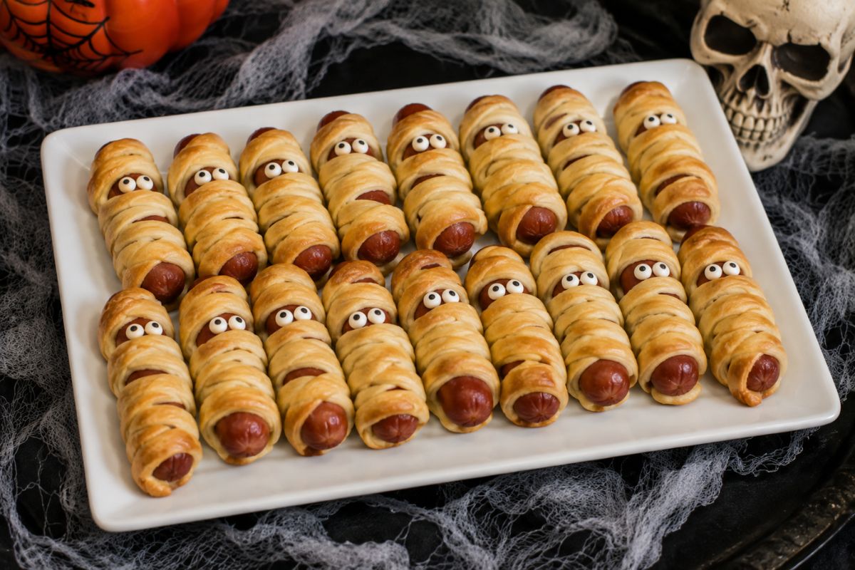 Mummy pigs in a blanket made with golden crescent dough and cocktail sausages, decorated with candy eyes and served on a white platter.