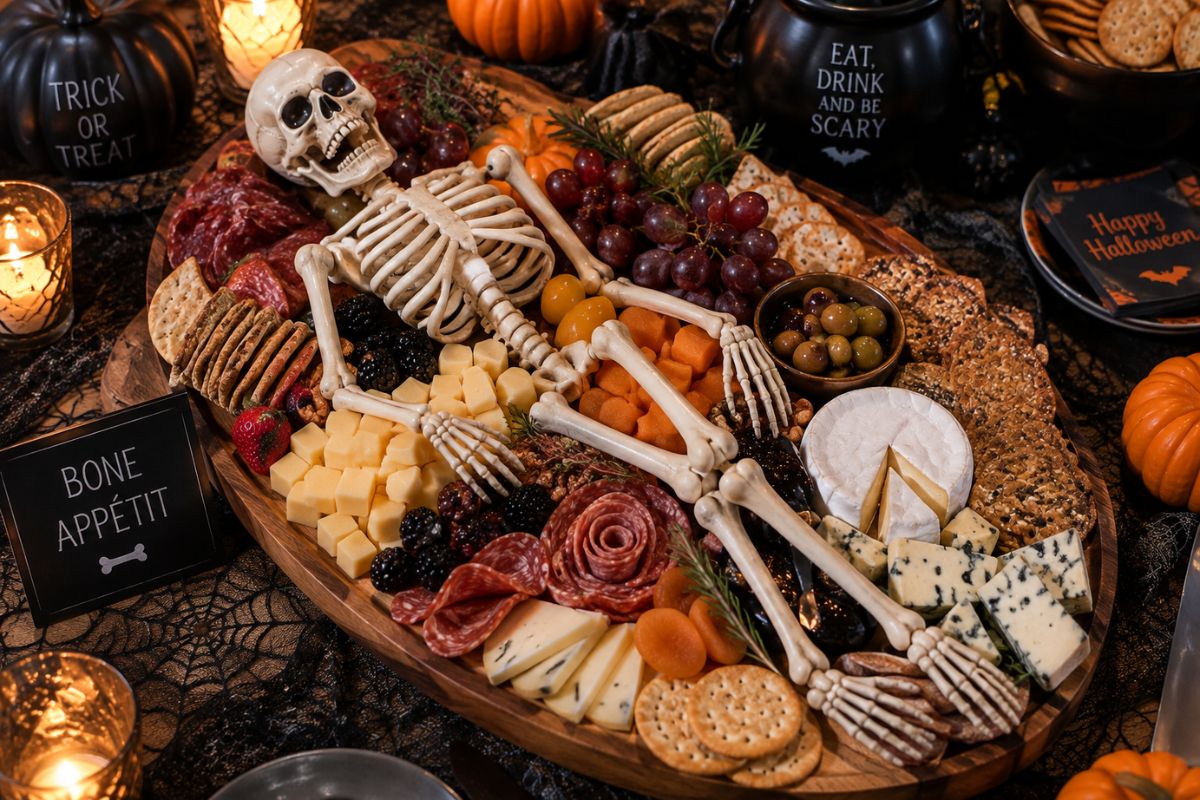 Halloween skeleton cheese platter featuring a decorative skeleton surrounded by assorted cheeses, cured meats, crackers, grapes, berries, olives, and festive pumpkins.