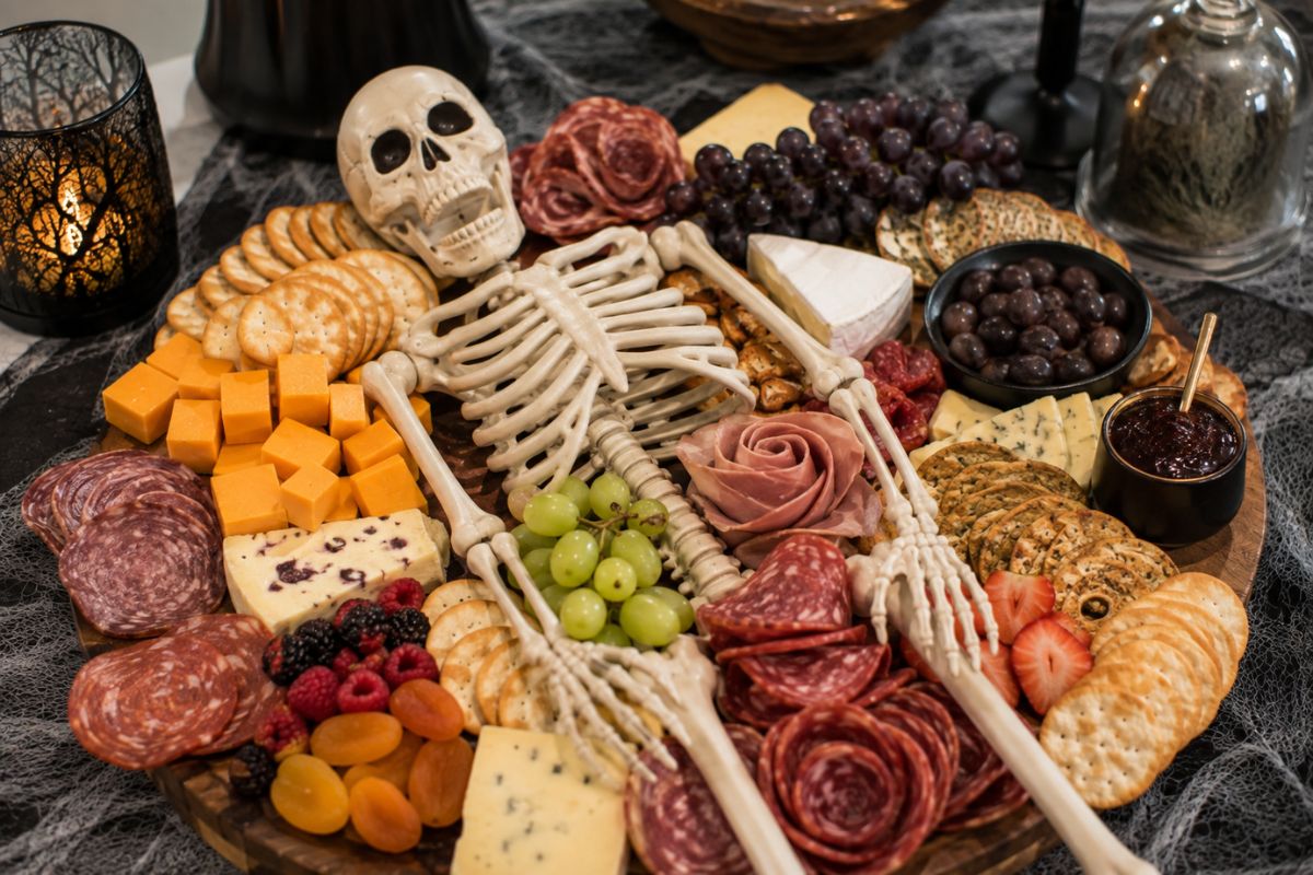 Halloween skeleton cheese platter featuring a decorative skeleton surrounded by cheese cubes, crackers, cured meats, grapes, berries, and other party snacks.