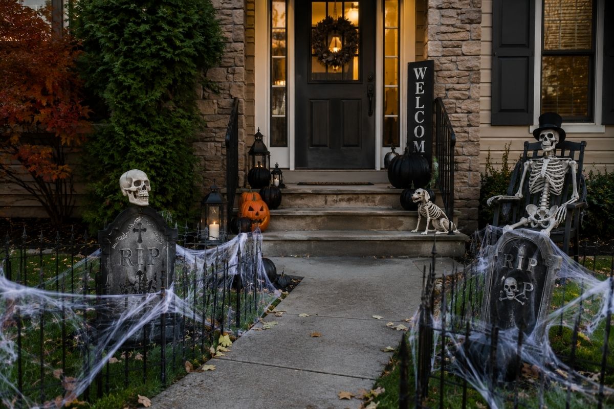 Organized Halloween entryway with pumpkins, lanterns, skeleton decorations, tombstones, and a clear walkway free of clutter