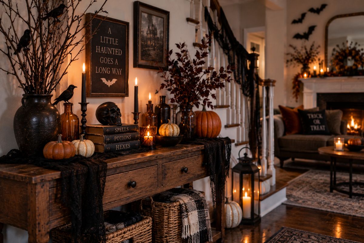 Budget-friendly Halloween decor display featuring pumpkins, vintage books, glass bottles, black fabric, candles, branches, and lanterns
