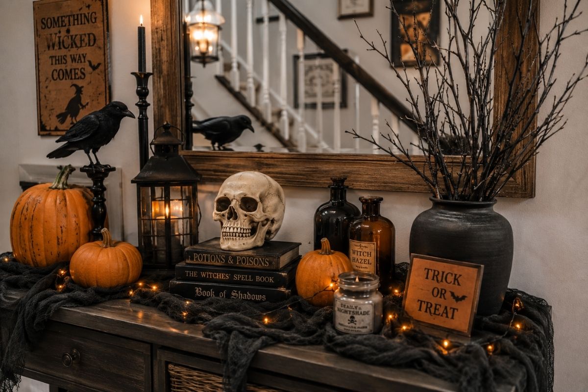 Budget-friendly Halloween decor display with pumpkins, old books, glass bottles, branches, black fabric, candles, and vintage-style accents