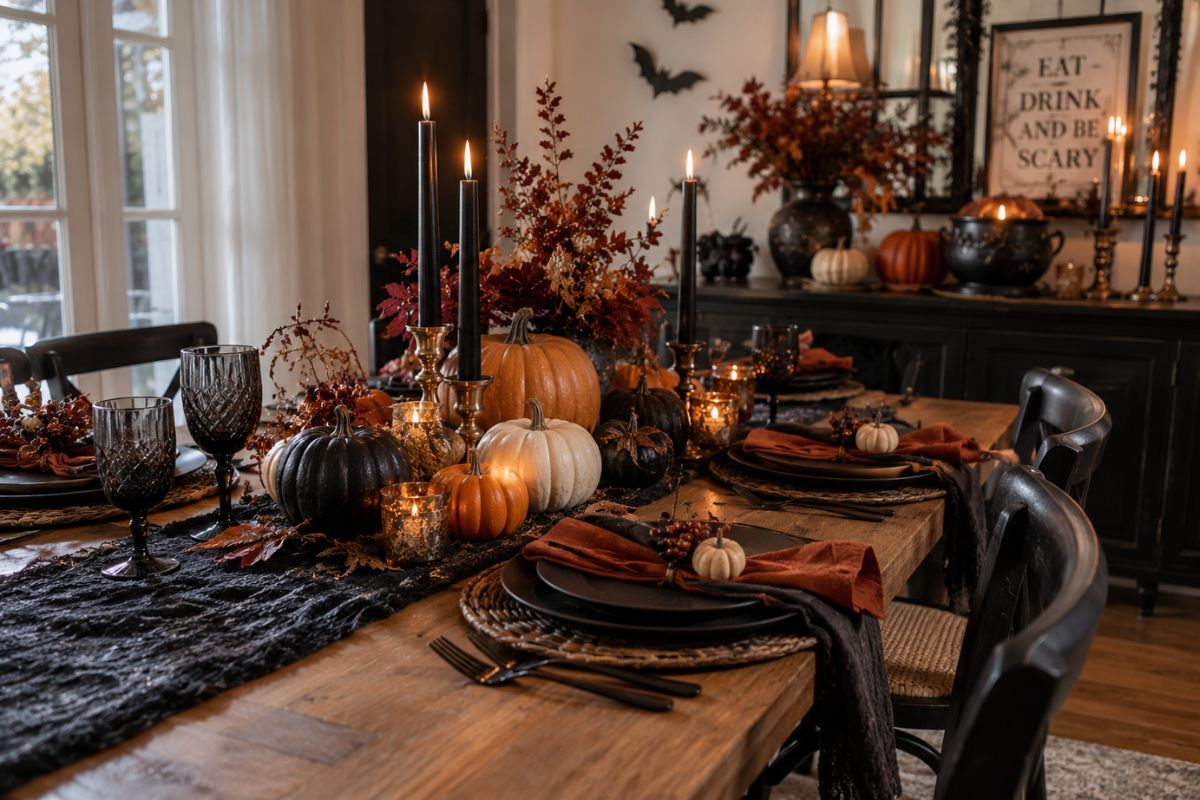 Classic Halloween dining table makeover with black dinnerware, pumpkins, dried autumn foliage, black candles, textured napkins, and warm candlelight