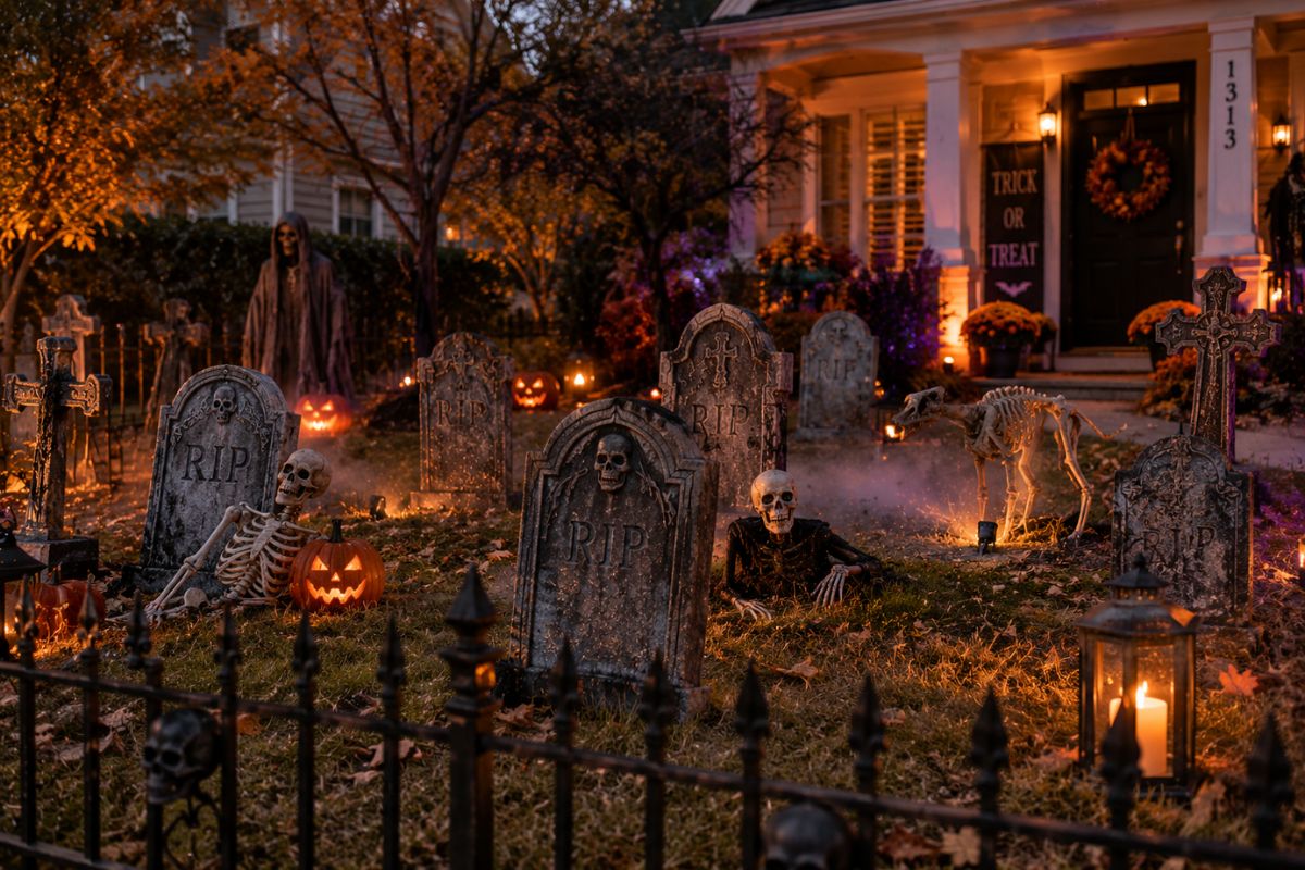 Classic Halloween front yard graveyard with weathered tombstones, skeletons, pumpkins, lanterns, iron fencing, and subtle orange and purple lighting
