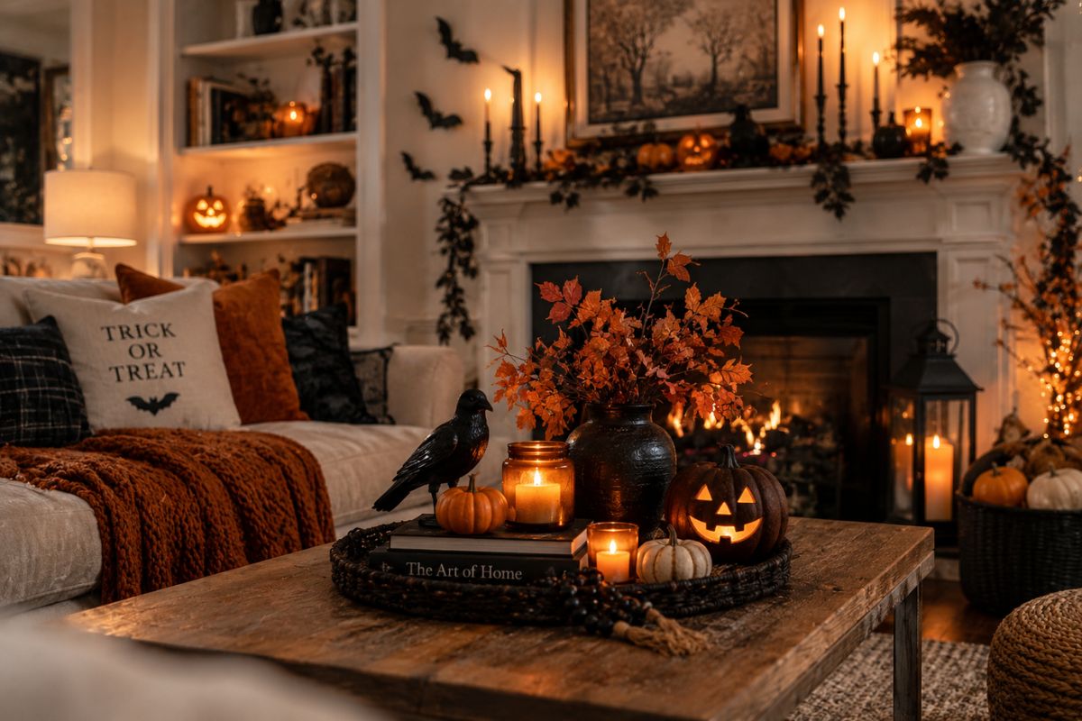 Cozy Halloween living room decorated with pumpkins, candles, black bats, autumn branches, seasonal pillows, and warm fireplace lighting