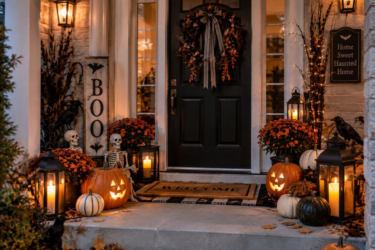 Spooky Halloween front porch decorated with glowing lanterns, pumpkins, orange mums, skeletons, black wreath, and autumn branches