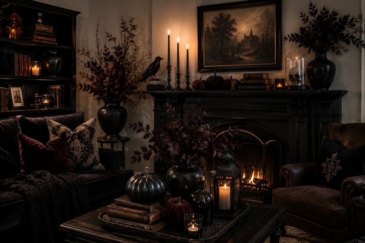 Elegant gothic Halloween interior with dark textiles, black taper candles, antique books, pumpkins, autumn branches, and moody artwork